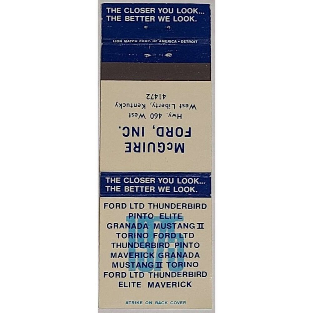 Vintage Matchbook Cover McGuire Ford Inc West Liberty Kentucky KY
